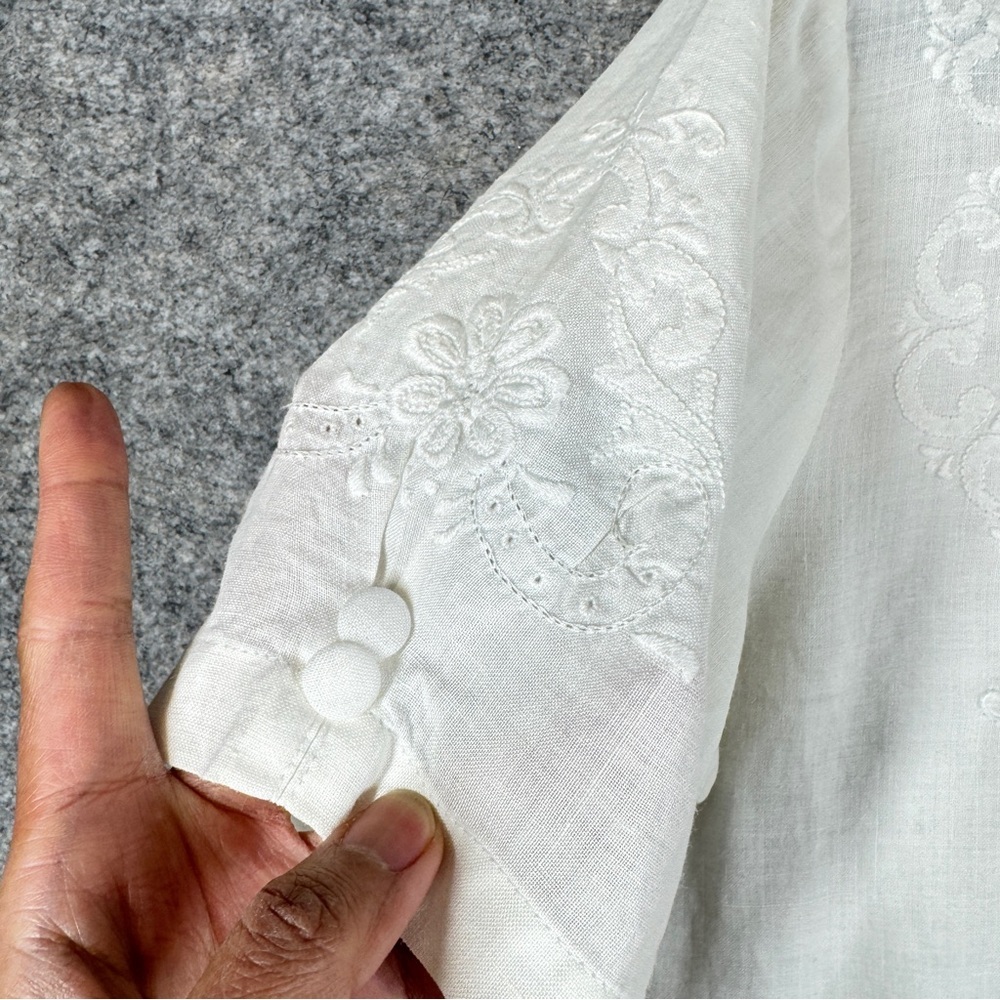 Vintage Ivory Linen Embroidered Button Blouse XL Short Sleeve Summer Cottagecore - Picture 8 of 16
